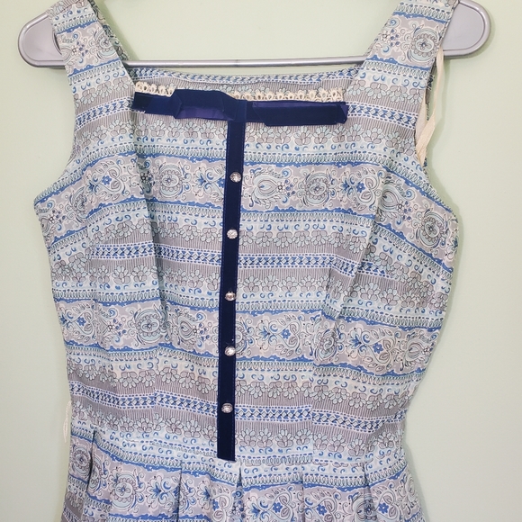 Vtg 1950s Blue Print Patterned Sun Dress Size XS Sock Hop Tea Length Rockabilly - Picture 8 of 15
